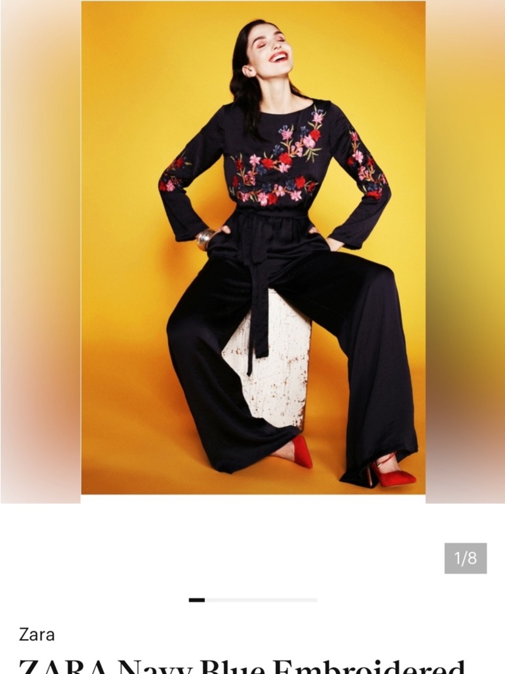Zara Navy Blue Embroidered Long-Sleeve Jumpsuit